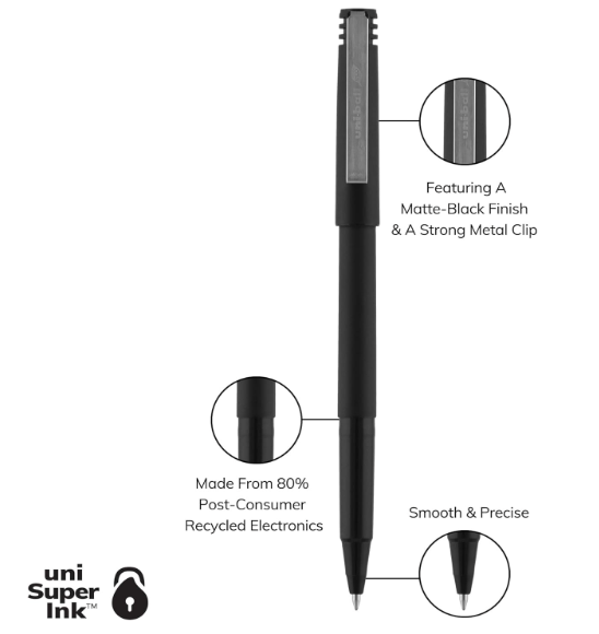 Uniball 0.5 Mm Micro Black Ink, Black Matte Barrel Stick Roller Ball Pen - 1 Dozen