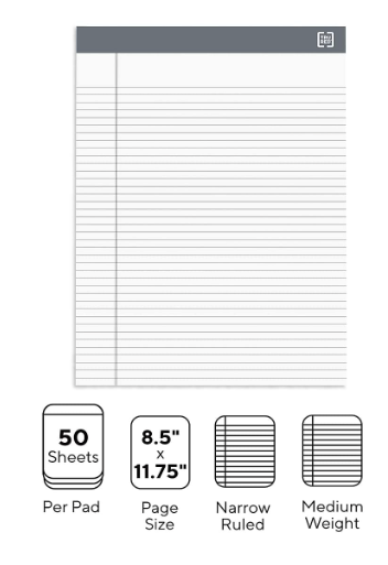 TRU RED Notepads 8.5" X 11.75", Narrow Ruled, White, 50 Sheets/Pad, 12 Pads/Pack (TR57369)