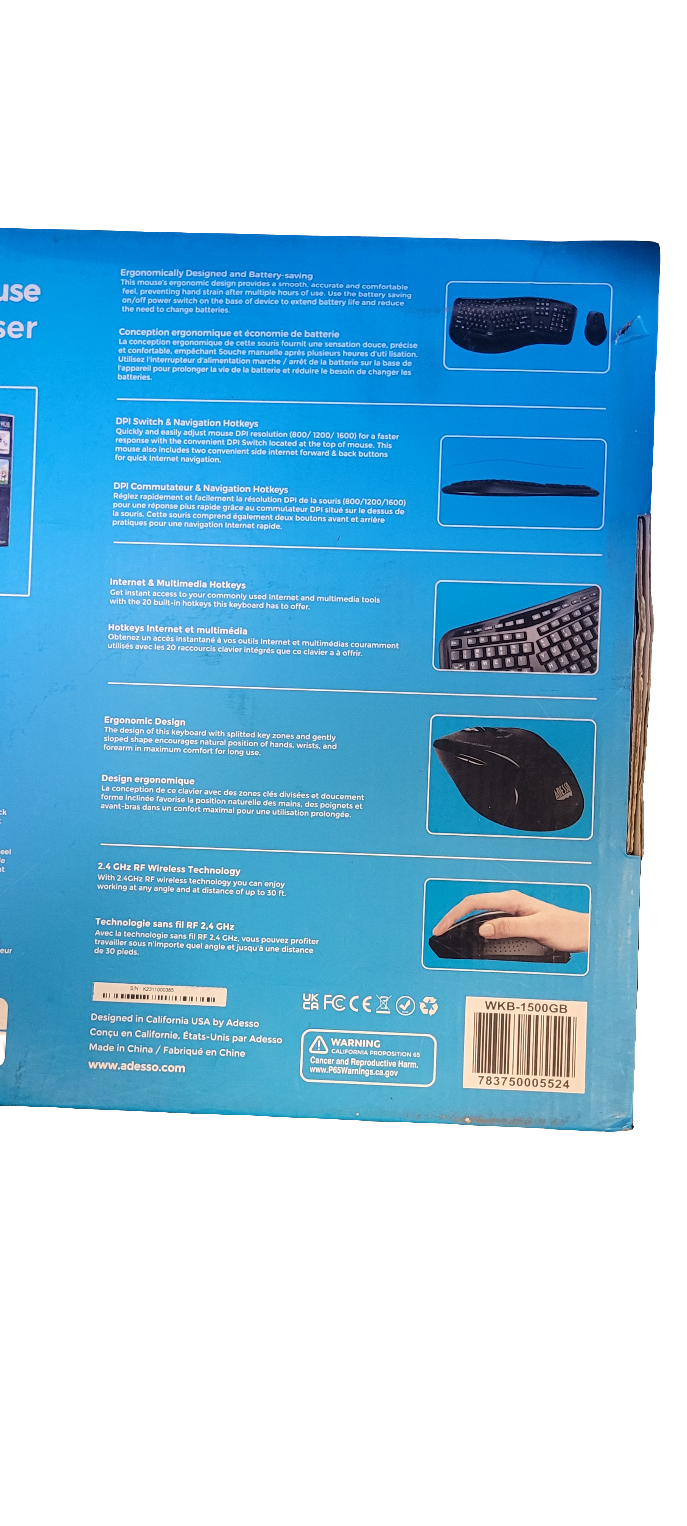 Adesso Wireless Ergonomic Keyboard and Laser Mouse